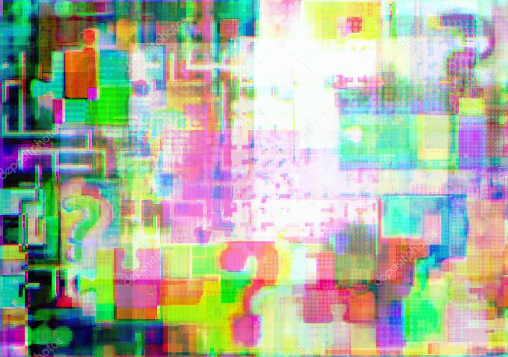 Mark of interrogation, puzzle and intricacies in glitch spots with fuzziness, concept background for hosting, bug, news, show, advt, understanding, company style etc
