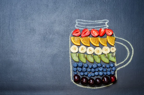 drawn with chalk jar with rainbow fruit and berries