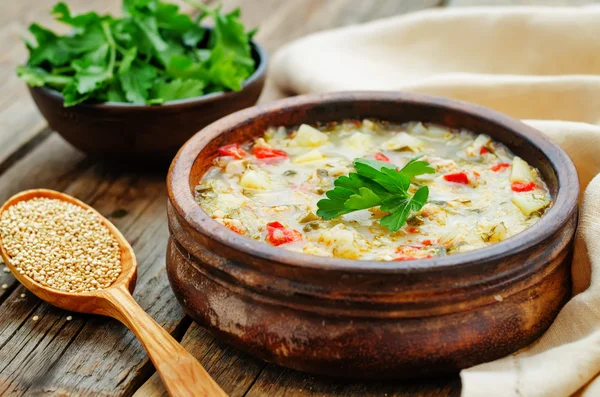 Milk soup with potatoes, quinoa and peppers — Stock Image Milk soup with potatoes, quinoa and peppers Stock Photo