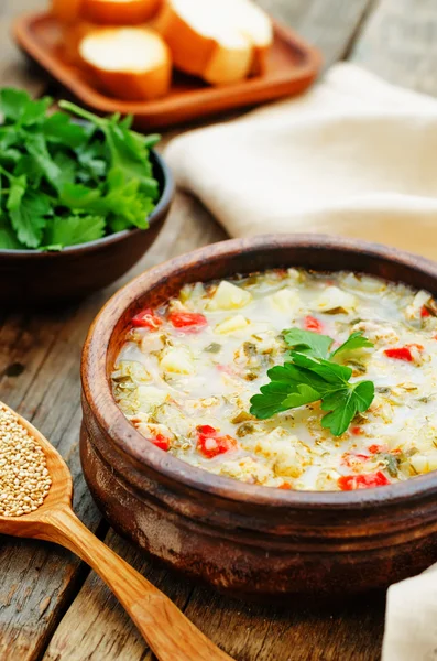 Milk soup with potatoes, quinoa and peppers — Stock Image Milk soup with potatoes, quinoa and peppers Stock Photo