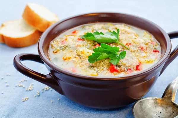 Milk soup with potatoes, quinoa and peppers — Stock Image Milk soup with potatoes, quinoa and peppers Stock Image