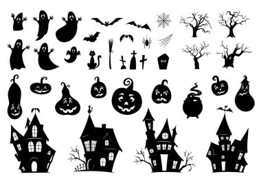 Beyaz arka planda Cadılar Bayramı için bir takım elementler. Siyah siluet koleksiyonu. Hayaletler, perili evler, solmuş ağaçlar, balkabakları, yarasalar ve kedi, sihirli kazan, mezarlık. Vektör çizimi. Dövme.