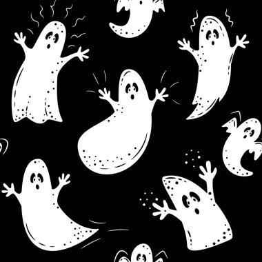 Cadılar Bayramı tasarımı için kusursuz desen. Siyah üzerine beyaz şirin cadılar bayramı hayaleti silueti. Cadılar Bayramı geçmişi kadar harika, tekstil, afişler, duvar kağıtları, ambalajlar. Vektör illüstrasyonu.