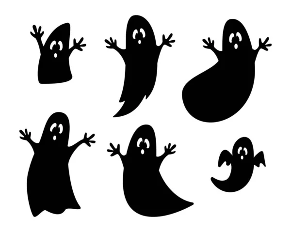 Set Black Ghosts Silhouettes Isolated White Background Ghost Collection Halloween — Stock Vector