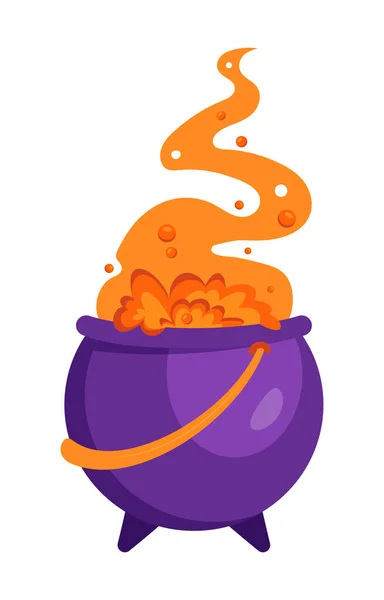 Halloween Witches Cauldron Bubbling Orange Liquid Smoke Isolated White Magic — Stock Vector