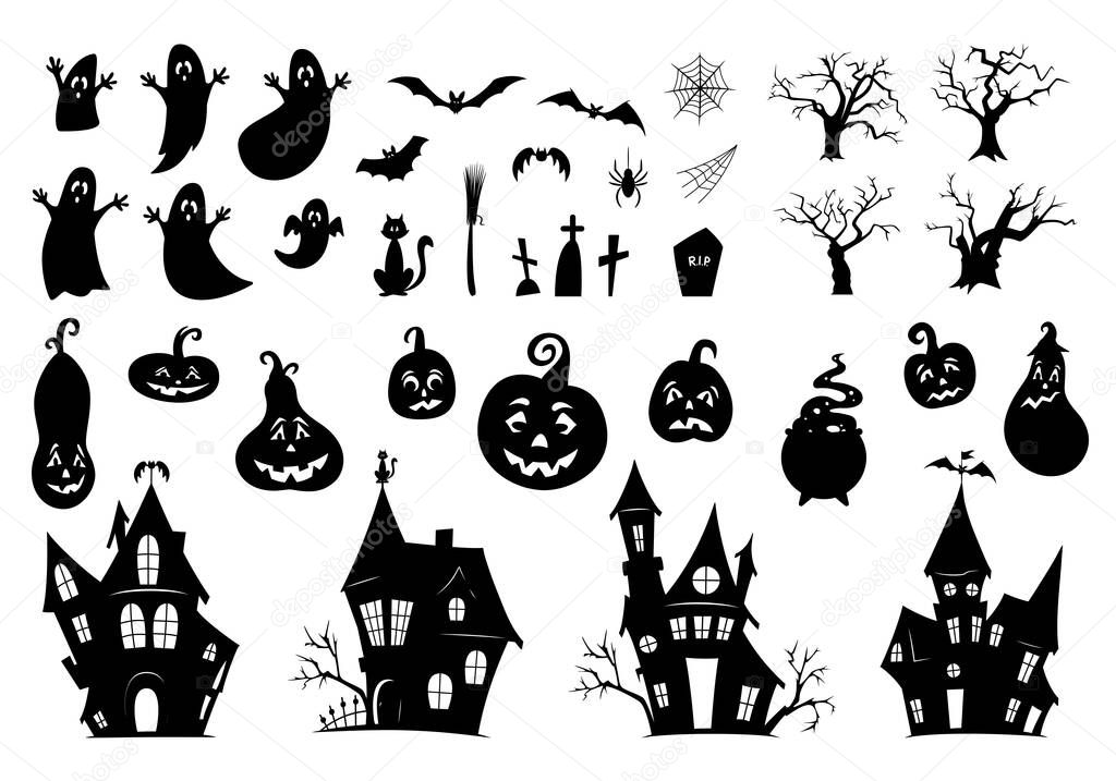 Set of elements for Halloween on a white background. Collection of black silhouettes. Ghosts, haunted houses, withered trees, pumpkins, bats and cat, magic pot, cemetery. Vector illustration. Tattoo.