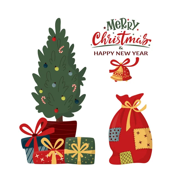 Gedecoreerde Dennenboom Met Geschenkdozen Kerstman Tas Handschrift Teken Vrolijk Kerstfeest — Stockvector