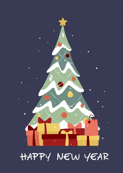 Dekorovaný Vánoční Stromek Pokrytý Sněhem Dárkovými Krabicemi Veselé Vánoce Šťastný — Stockový vektor