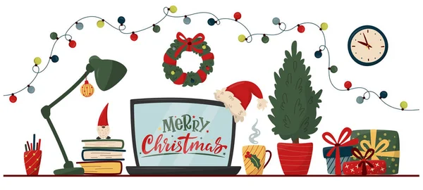 Noel çalışma alanı içi. Ofis, bilgisayar, lamba, Noel ağacı, hediyeler, bardak ve kitaplar, Noel Baba şapkası olan serbest masa. Ofis için renkli Noel konsepti, ödev, serbest çalışma.