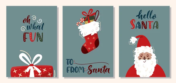 Sada Svislých Veselé Vánoční Karty Santa Clausem Vánoční Ponožky Dárkové — Stockový vektor