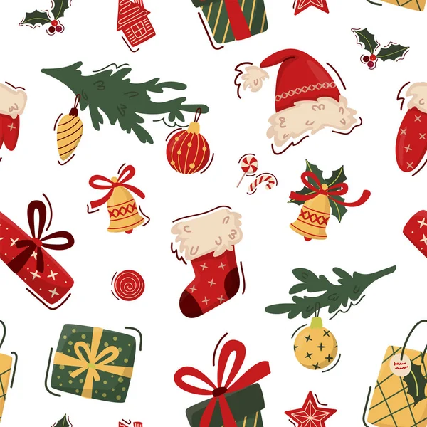 Kusursuz bir Noel ve yeni yılın vektör modeli. Geleneksel kırmızı, yeşil ve sarı renkli beyaz. Noel Baba şapkası, köknar dalları, hediyeler, kurabiyeler ve çanlar. Paket kağıdı, kumaş baskısı için.
