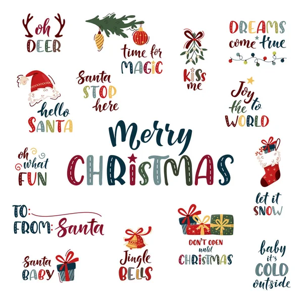 Mutlu Noel el yazısı seti. Beyaz üzerine izole edilmiş xmas dekoratif unsurları olan şirin renkli bir metin. Yılbaşı ve yeni yıl kutlaması tabelası kış tatili tasarımı, kartpostal, tişört, etiket.