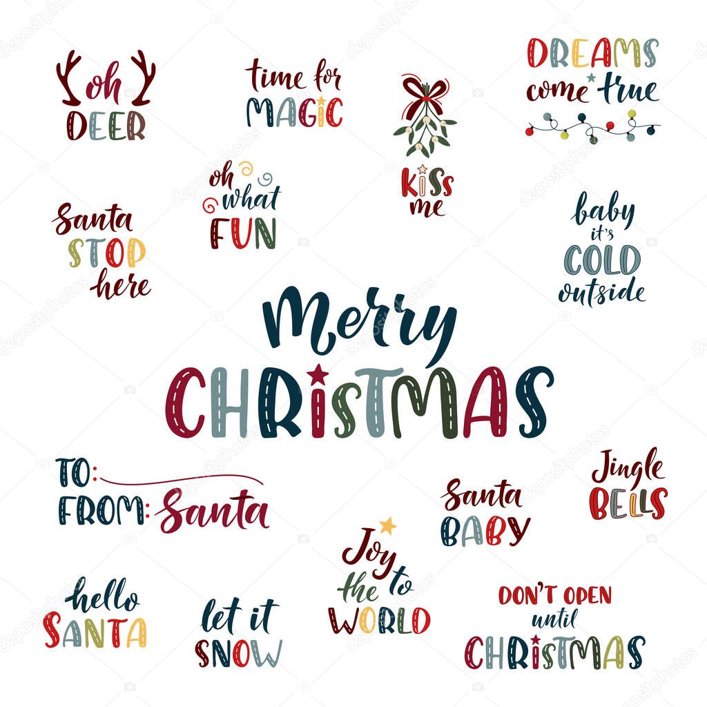 Merry Christmas hand lettering set. Cute colorful text isolated on white. Vector logo, emblems, text design. Xmas and New Year vector celebration sign for winter holiday design, postcard, t-shirt, tag.