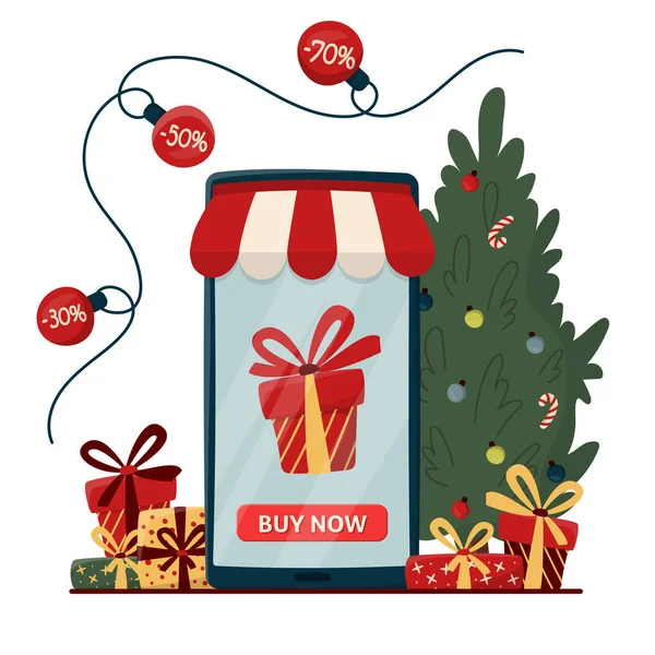 Online Vásárlási Koncepció Díszített Karácsonyfával Ajándékdobozokkal Elektronikus Kereskedelem Online Shop — Stock Vector