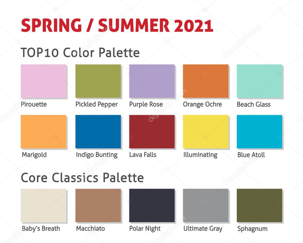 Spring Summer 2021 trendy color palette. Fashion color trend. Palette guide with named color swatches. Saturated and classic neutral color samples set. Vector Illustration.
