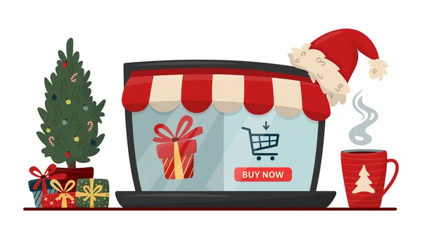 İnternetteki Noel Alışveriş Konsepti. Online Shop 'u tatil hediyesiyle gösteren dizüstü bilgisayar ekranı. Süslü Noel ağacı ve bir fincan çay. E-ticaret çevrimiçi dükkan, dijital pazarlama. Düz vektör illüstrasyonu.