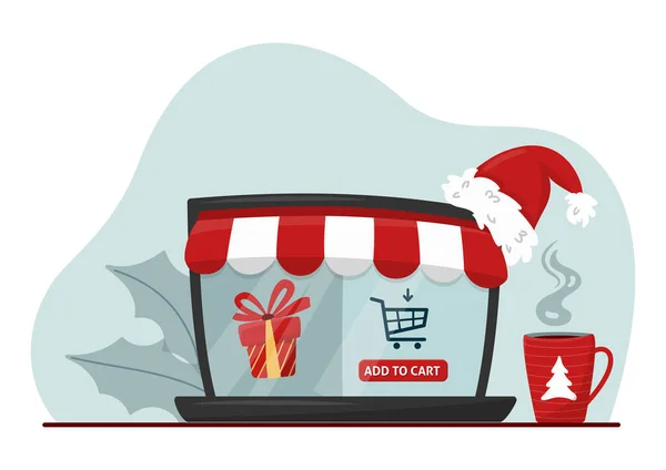 オンラインクリスマスショッピングコンセプト 休日プレゼントとオンラインショップを示すラップトップ画面 ホリーは サンタの帽子とお茶を残します 電子商取引オンラインショップ デジタルマーケティング 平面ベクトルイラスト — ストックベクタ