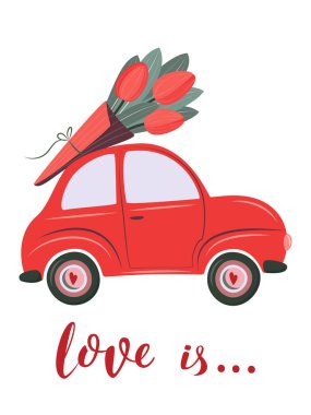Cute retro car delivering gift and flower. Special delivery. Valentine's day, birthday or wedding concept. Love, Romantic vector illustration in flat cartoon style. For card,  banner, invitation. vector