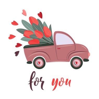 Cute retro waggon delivering flowers. Special delivery. Valentine's day, birthday or wedding concept. Love, Romantic vector illustration in flat cartoon style. For card,  banner, invitation. vector