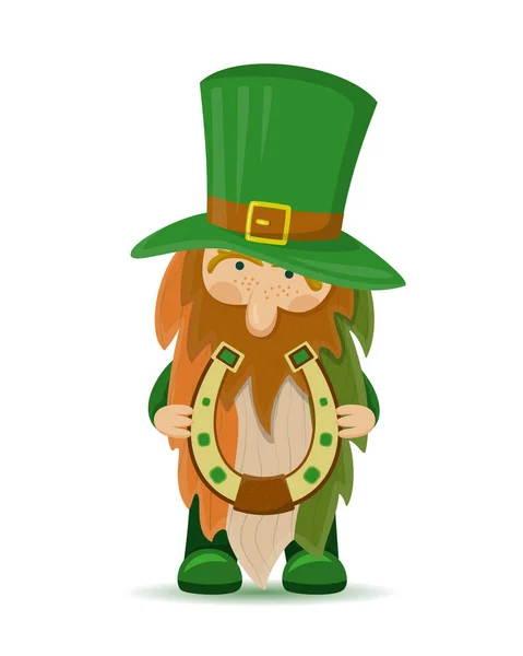 Uroczy Leprechaun Dzień Patryka Postać Kreskówki Podkową Brodą Kolorach Irlandzkiej — Wektor stockowy