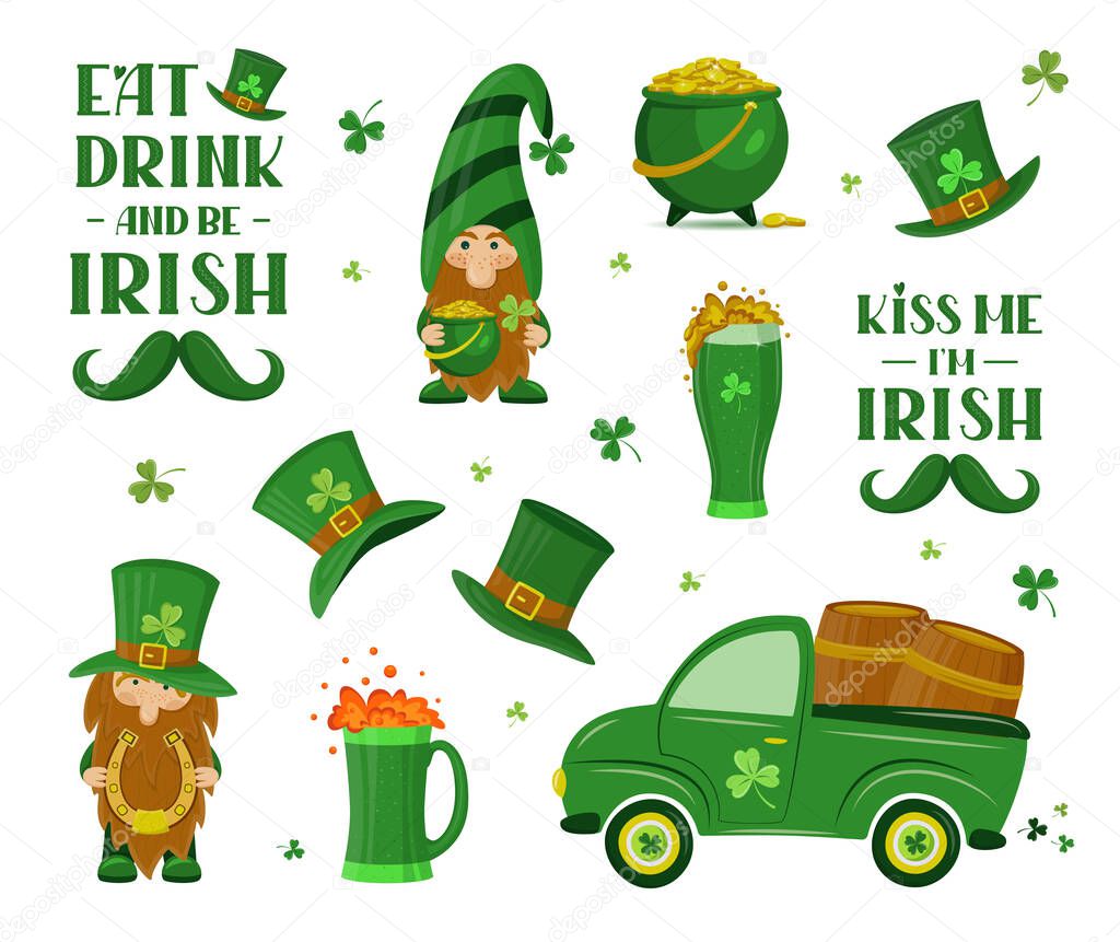 Set of traditional Irish elements and lettering signs for Patrick's day. Isolated vector illustration. For banner, poster, flyer, card, invitation. Symbol of good luck and wealth.