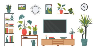 İzole mobilyalar, ev bitkileri ve İskandinav tarzı şirin minimalist iç dekoratif unsurlar. Oturma odanızı ya da dairenizi dekore etmek için vektör koleksiyonu. 