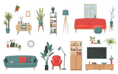 İzole mobilyalar ve İskandinav tarzında şirin minimalist iç dekoratif elementler. Oturma odanızı ya da ofisinizi dekore etmek için vektör koleksiyonu.