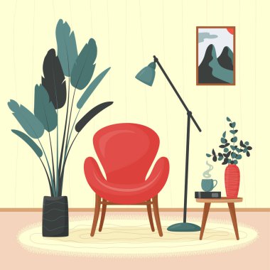 Güzel minimalist bir iç mekan. Zemin lambalı pembe koltuk, kitaplı kahve masası. Ev bitkisi ve dekoratif elementler. Konforlu oturma odası düz vektör çizimi. Moda İskandinav iç mimarisi.