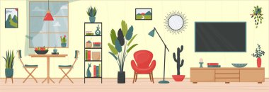 Samimi bir daire. Güzel minimalist bir iç mekan. Pencere, yemek odası, yer lambası, kırmızı koltuk, düz ekran televizyon, ev bitkileri. Düz vektör çizimi. Moda İskandinav iç mimarisi.