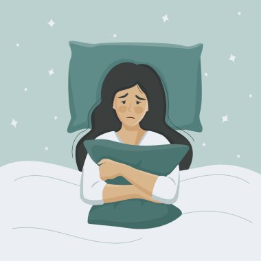 Uykusuzluk çeken kadın. Uykusuzluk çeken uykusuz bir kadın. Yorgun ve bitkin bir kadın karanlık gece odasında gözleri açık yatıyor. Sıkıntılı ve sinirli bir insan. Düz vektör illüstrasyonu.