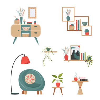 Set of retro furniture and decorative elements for cute minimalistic interior. Cozy living room flat vector illustration. Trendy scandinavian hygge interior. clipart