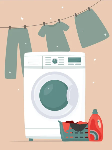 Waschmaschine Waschmittel Wäschekorb Und Wäschetrocknen Flachen Stil Moderner Waschsalon Haushaltsgeräte — Stockvektor