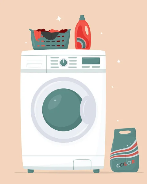 Tvättmaskin Tvättmedel Och Tvättkorg Platt Stil Tvättkläder Modern Tvättomat Hushållsapparat — Stock vektor