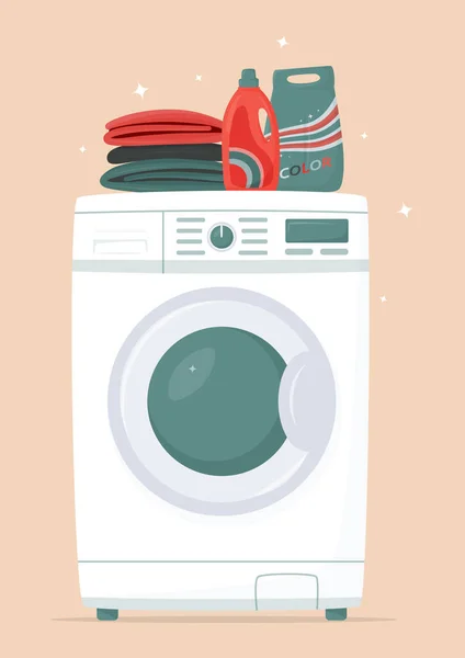 Waschmaschine Reinigungsmittel Und Saubere Bettwäsche Flachen Stil Wäsche Waschen Moderner — Stockvektor