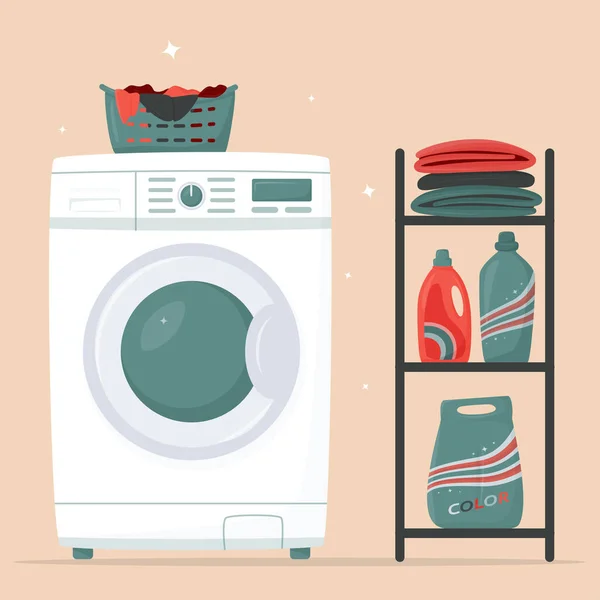 Waschmaschine Und Wäschekorb Reinigungsmittel Und Saubere Wäsche Auf Einem Regal — Stockvektor