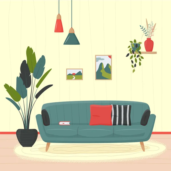 Güzel minimalist bir iç mekan. Yastıklı ve kitaplı mavi kanepe. Ev bitkileri ve dekoratif elementler. Konforlu oturma odası düz vektör çizimi. Moda İskandinav iç mimarisi.