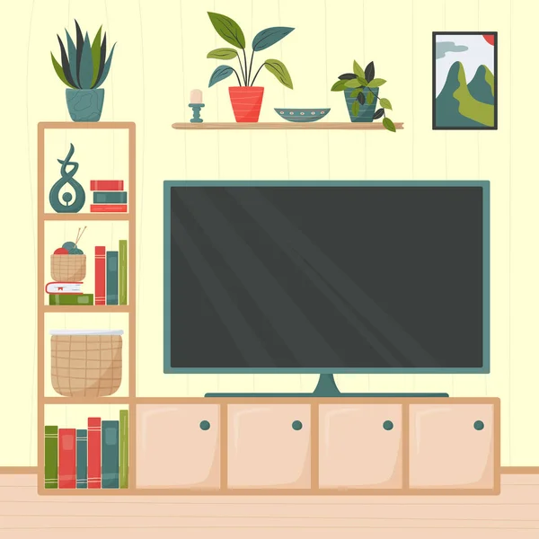 Άνετο Διαμέρισμα Χαριτωμένο Μινιμαλιστικό Εσωτερικό Τηλεόραση Επίπεδης Οθόνης Ράφια Φυτά — Διανυσματικό Αρχείο