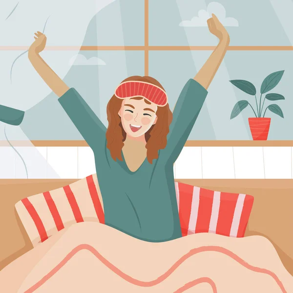 Νεαρή Ευτυχισμένη Γυναίκα Μάσκα Ύπνου Που Τεντώνει Χέρια Της Και — Διανυσματικό Αρχείο