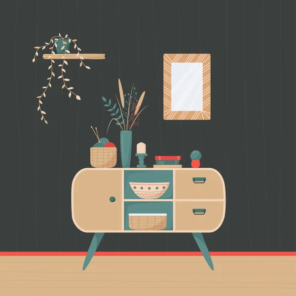 Interior Minimalista Bonito Peito Gavetas Estilo Retro Com Elementos Decorativos —  Vetores de Stock