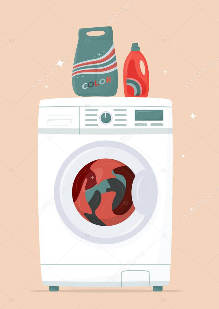 Washing machine and laundry in it, detergents in flat style. Washing clothes. Modern laundromat, home appliance for household chores. Front view, close-up. Laundry service room vector.