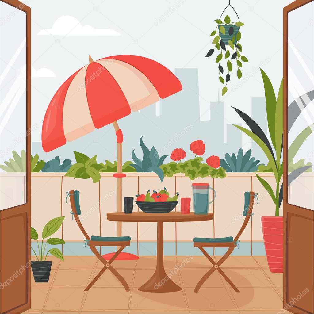 Cozy summer balcony with parasol, small table, chair and pots of flowers. Summer time Idyllic seating in the terrace with drink. Home garden and cute exterior design. Vector flat illustration.