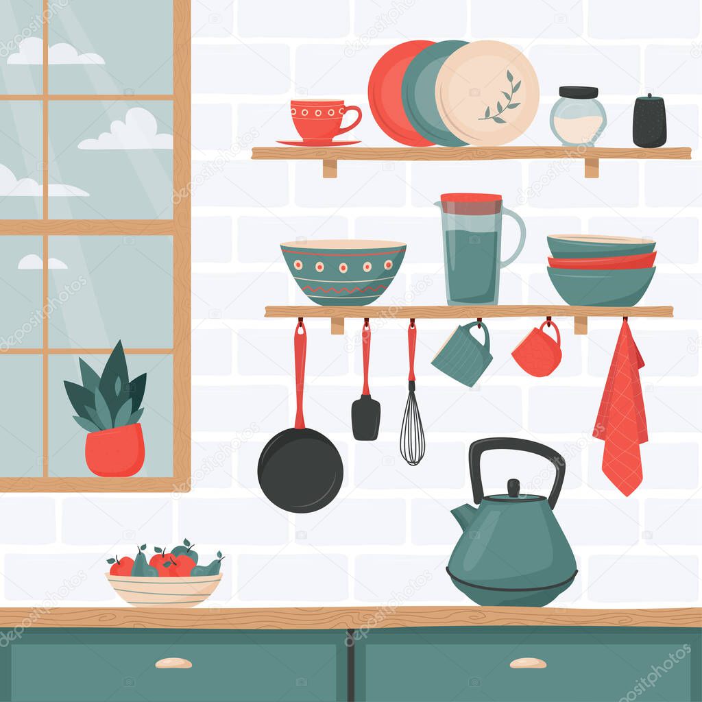 Kitchen interior with set of kitchen accessory on shelves. Vector kitchen tools. Kitchen shelves in retro style. Household utensil and cutlery, crockery. Cooking equipment and  food preparation theme.