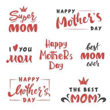 Anneler Günü yazı seti. Etiketler, tebrik kartları, posterler için Anneler Günü alıntısı. El yazısı metin paketi. İzole edilmiş beyaz arkaplana el çizimi anne tatil metin karalama koleksiyonu.