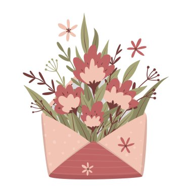 İçinde çiçek aranjmanı olan el işi bir zarf. Düz yerde, üst tarafta. Tebrik kartı, davetiye, tişört baskısı için. Aşk, Kadınlar Günü, Anneler Günü, düğün ya da bahar konsepti. Vektör tebrik kartı.