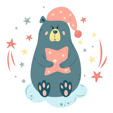 Çizgi film tarzında çocuk vektörü çizimi. Yastıklı, gece başlıklı ve yıldızlı sevimli bir oyuncak ayı. Bebek odası, bebek partisi, tebrik kartı, tekstil baskısı için. El yapımı çocuk odası.