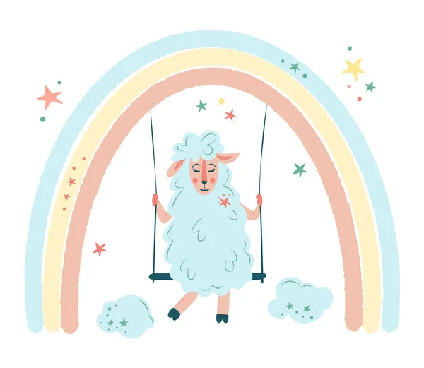 Nursery Ilustración Vectorial Estilo Dibujos Animados Bonita Oveja Cordero Balancea — Vector de stock