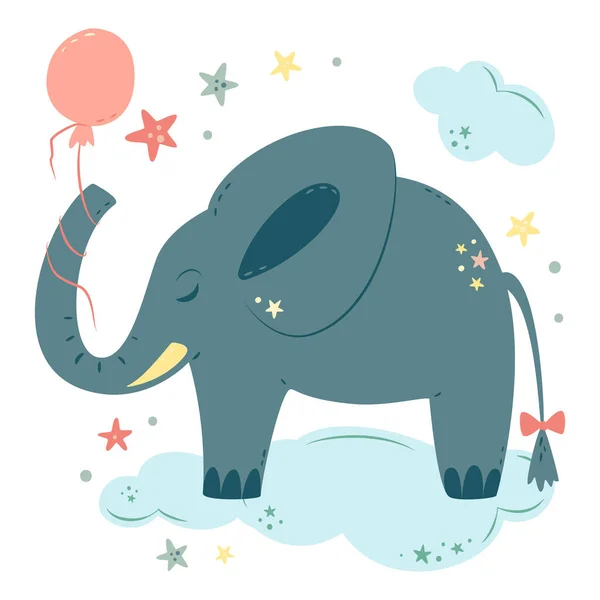 Nursery Vector Illustration Cartoon Stil Niedliche Baby Elefant Mit Ballon — Stockvektor