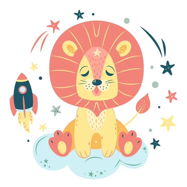 Nursery Ilustración Vectorial Estilo Dibujos Animados Lindo León Durmiendo Nube — Vector de stock