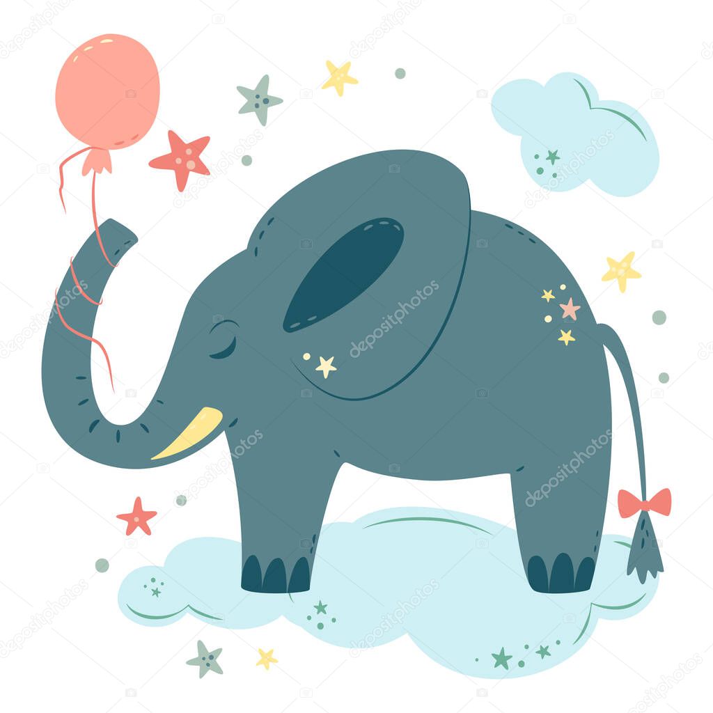 Nursery Vector illustration in cartoon style. Cute baby elephant with balloon sleeps on cloud. For baby room, baby shower, greeting card, textile print. Hand drawn nursery.