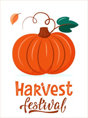 Büyük balkabağı ve harf işaretiyle festival afişi toplayın. Sonbahar havası. Hasat festivali ya da Şükran Günü konsepti. Düz çizgi film tarzında sonbahar vektör çizimi. Poster için, davet.